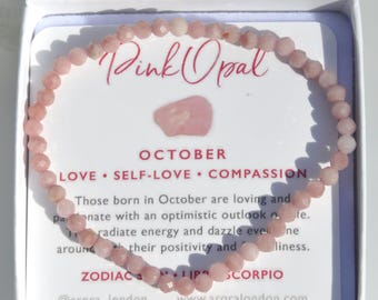 Pulsera de ópalo rosa: pulsera de cristal con piedra natal de octubre