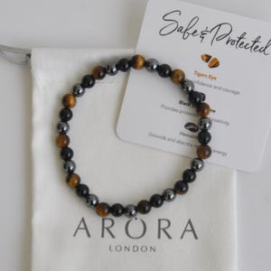 Safe & Protected mixed gemstone bracelet 6mm, Black Tourmaline, Hematite and Tiger's Eye Stretch Crystal Bracelet for Protection