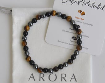 Protection Gemstone Bracelet: Black Tourmaline, Hematite & Tiger's Eye 6mm beaded bracelet