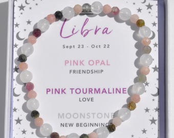 Libra Zodiac Crystal Bracelet: Moonstone, Pink Opal & Tourmaline