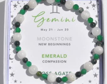 Gemini Zodiac Crystal Bracelet: Moonstone, Emerald, Moss Agate