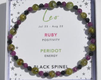 Leo Zodiac Crystal Bracelet – Peridot, Ruby & Black Spinel
