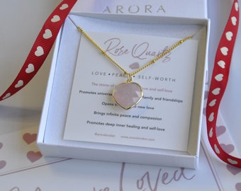 Rose Quartz Crystal Heart Necklace in Gift Box with Ribbon and Personalised Message Card, Gift For Her