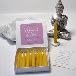 20 Minute Mindfulness Candles, Moments of Love Meditation Candle Set, Beeswax Relaxation Mini Taper Candles with Holder, Stocking Filler set