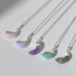 Crescent Moon Crystal Necklace on Silver Plated Chain - Half Moon Crystal Charm Pendant