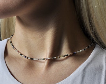 Dainty Gemstone Crystal Necklace, 2mm faceted beads, 16 crystal colours, boho style choker for layering.