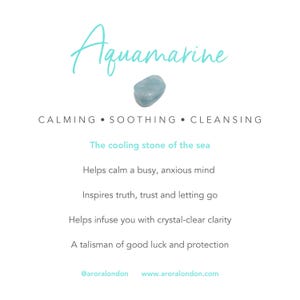 May include: Aquamarine crystal, a calming, soothing, and cleansing stone. It is known as the cooling stone of the sea and is said to help calm a busy mind, inspire truth and trust, and promote clarity. It is also believed to be a talisman of good luck and protection. @aroralondon www.aroralondon.com