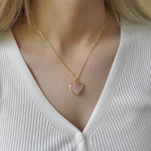 Rose Quartz Crystal Heart Pendant Necklace on gold chain, rose quartz crystal heart, heart pendant for love