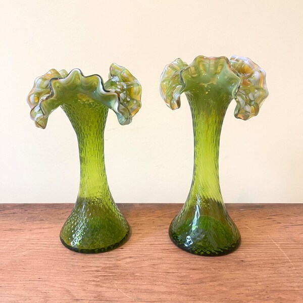 Pair of Antique Kralik Bohemian Green Ruffled Glass Vases - AS IS