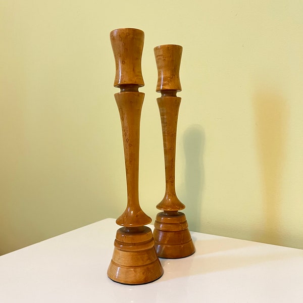 Pair of Birdseye Maple Wood Candlestick Holders