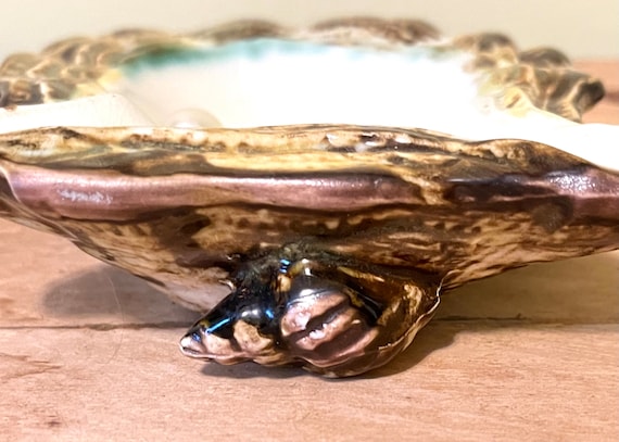 Vintage Ceramic Oyster Shell With Faux Pearl Dish Ashtray