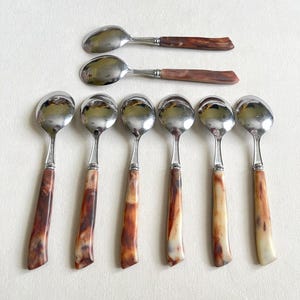 Vintage Japan MB Marbled Bakelite Handled Stainless Steel Spoons