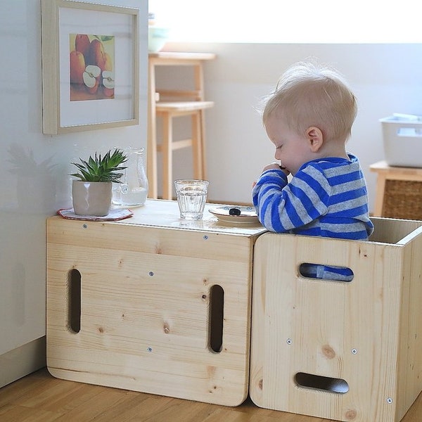 Ensemble de chaises cube Montessori - LIVRAISON GRATUITE dans l'UE - Table et chaise de sevrage - Bois massif récolté de manière durable