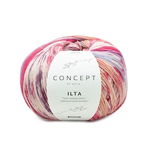Pode incluir: Uma bola de lã rosa, pêssego e roxo com um rótulo branco que diz "CONCEPT BY KATIA ILTA "SOFT MERINO WOOL" "PREMIUM SOCKS & MORE"