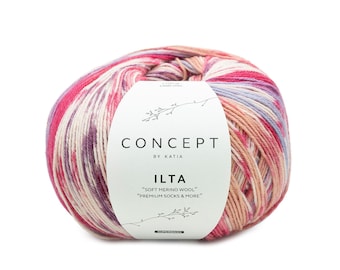 May include: A ball of pink, peach, and purple yarn with a white label that reads "CONCEPT BY KATIA ILTA "SOFT MERINO WOOL" "PREMIUM SOCKS & MORE"
