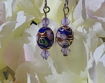 Earrings with vintage, blue cloisonne beads and lavender swarovski accent beads.