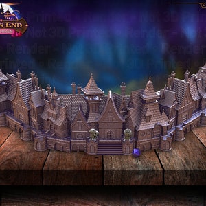 May include: A detailed brown miniature cityscape with multiple buildings, towers, and architectural details. The model is set on a wooden surface. The text "Fates End Furhaven" is visible in the upper left corner.