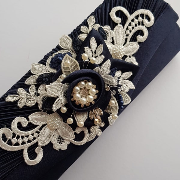 Navy blue and ivory clutch bag,mother of bride, wedding bag,hand decorated to match your outfit,bespoke,embroidered, pearls