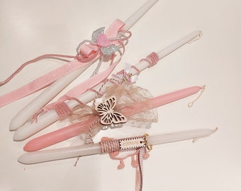 GIRLS Greek Easter Orthodox candles - crown, angel, butterly details. GIRLS Easter lambada. White and pink candles.