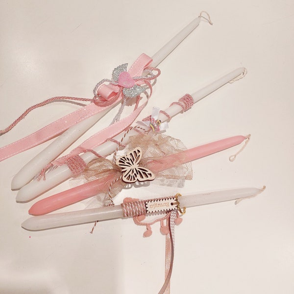 GIRLS Greek Easter Orthodox candles - crown, angel, butterly details. GIRLS Easter lambada. White and pink candles.