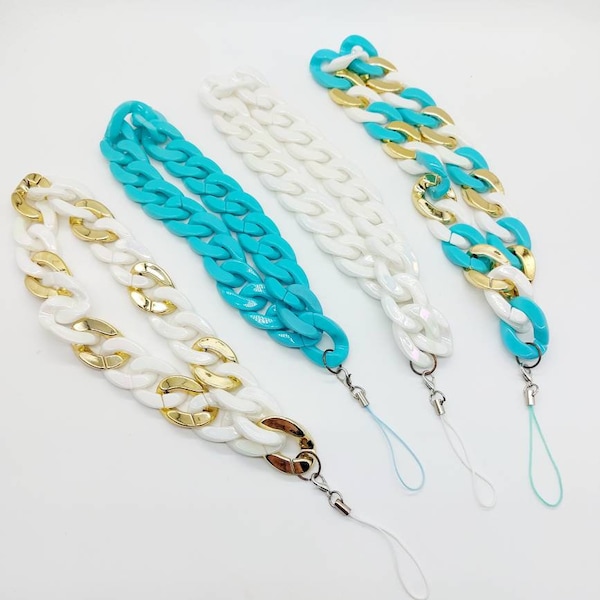 Stylish phone chain. Phone cord. Phone straps. Acrylic STRONG phone chains. Turquoise, white, gold, mixed colour. Gift for her. IPhone chain