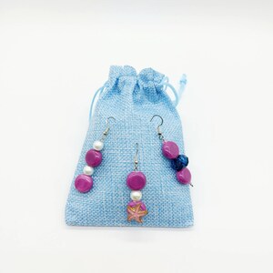 Purple porcelain and pearl earrings - dangle and drop earrings. Starfish and glass earrings