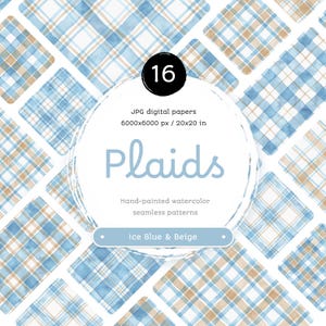 Eis Blau & Beige Aquarell kariert - Packung nahtlose digitale Papiere. Druckbare Aquarell Muster. Original handgemaltes Clipart