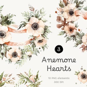 Corazones florales de anémona: paquete de imágenes prediseñadas románticas en acuarela. Archivos PNG imprimibles para descarga instantánea. Diseños originales para el día de San Valentín