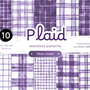 Plum Violet Watercolor Plaid - Confezione di carte digitali senza cuciture. Motivi acquerello stampabili. Clipart originale dipinta a mano