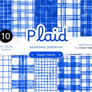 Royal Azure Watercolor Plaid - Confezione di carte digitali blu senza cuciture. Motivi acquerello stampabili. Clipart originale dipinta a mano
