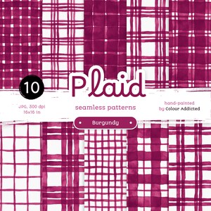 10 Burgundy Watercolor Plaid - Confezione di carte digitali senza cuciture. Motivi acquerello stampabili. Clipart originale dipinta a mano