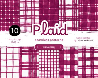 Burgundy Watercolor Plaid: Seamless Patterns (Digital Papers)