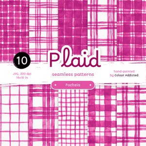 May include: Ten fuchsia plaid seamless patterns with a watercolour effect. The image includes the text "Plaid", "seamless patterns", and "Fuchsia". The patterns are hand-painted. The image dimensions are 16x16 inches, which is approximately 40.6 x 40.6 cm.
