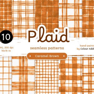 10 Caramel Brown Watercolor Plaid - Confezione di carte digitali senza cuciture. Motivi acquerello stampabili. Clipart originale dipinta a mano