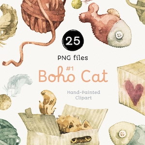 Clipart de acuarela de gato bohemio, vol. 1. Pegatinas imprimibles con gatitos, juguetes de peces y ovillos de lana. Ilustraciones originales pintadas a mano
