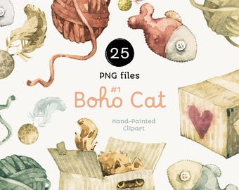 Boho Cat Watercolor Clipart: Kitten Stickers, Pet Toys (Digital Download)