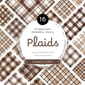 Caramel & Coffee Watercolor Plaid - Pacote de papéis digitais sem costura. Padrões de aquarela para impressão. Clipart original pintado à mão