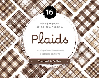 Watercolor Plaid Digital Paper: Caramel & Coffee Seamless Patterns (JPG)