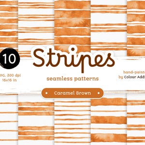 Pode incluir: Conjunto de 10 padrões digitais sem costura com listras de aquarela pintadas à mão em marrom caramelo. Cada padrão mede 40,6 cm por 40,6 cm a 300 dpi.