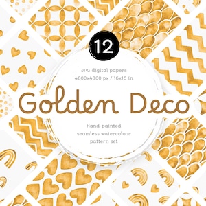 Goldene Digitale Papiere. Set von Aquarell Mustern. Aquarell druckbare Polka Dots, Chic, Schuppen, Chevron, Herzen und Regenbogen