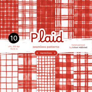 10 Plaid acquerello rosso vermiglio - Confezione di carte digitali senza cuciture. Motivi acquerello stampabili. Clipart originale dipinta a mano