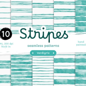 Może przedstawiać: Zestaw 10 ręcznie malowanych wzorów w paski akwarelowe w odcieniach turkusu i bieli. Wzory są bezszwowe i idealne do cyfrowego scrapbookingu, rękodzieła i innych kreatywnych projektów. JPG, 300 dpi, 16x16 cali.