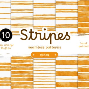 Honey Yellow Stripes - Confezione di carte digitali. Motivi acquerellabili stampabili senza soluzione di continuità. Clipart originale dipinta a mano