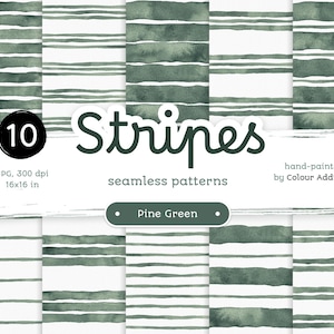 Pine Green Watercolor Stripes - Confezione di carte digitali senza soluzione di continuità. Motivi acquerello stampabili. Clipart originale dipinta a mano