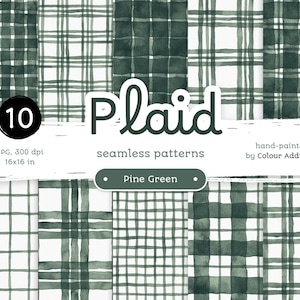 Pine Green Watercolor Plaid - Confezione di carte digitali senza cuciture. Motivi acquerello stampabili. Clipart originale dipinta a mano