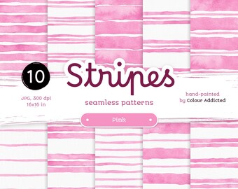 Pink Watercolor Striped Digital Paper: Seamless Patterns (JPG)