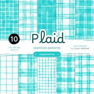 10 Aquamarine Blue Watercolor Plaid - Confezione di carte digitali senza cuciture. Motivi acquerello stampabili. Clipart originale dipinta a mano