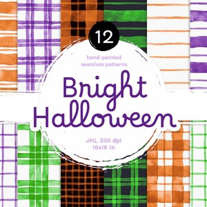 Helder digitaal Halloween-papier, pak geruite en gestreepte naadloze aquarelpatronen voor feestdecor. Originele handgeschilderde clipart