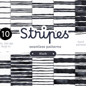 Black Stripes - Confezione di carte digitali. Motivi acquerellabili stampabili senza soluzione di continuità. Clipart originale dipinta a mano