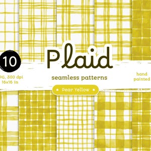 Pear Yellow Plaid - Confezione di carte digitali. Motivi acquerello stampabili senza soluzione di continuità. Clipart originale dipinta a mano